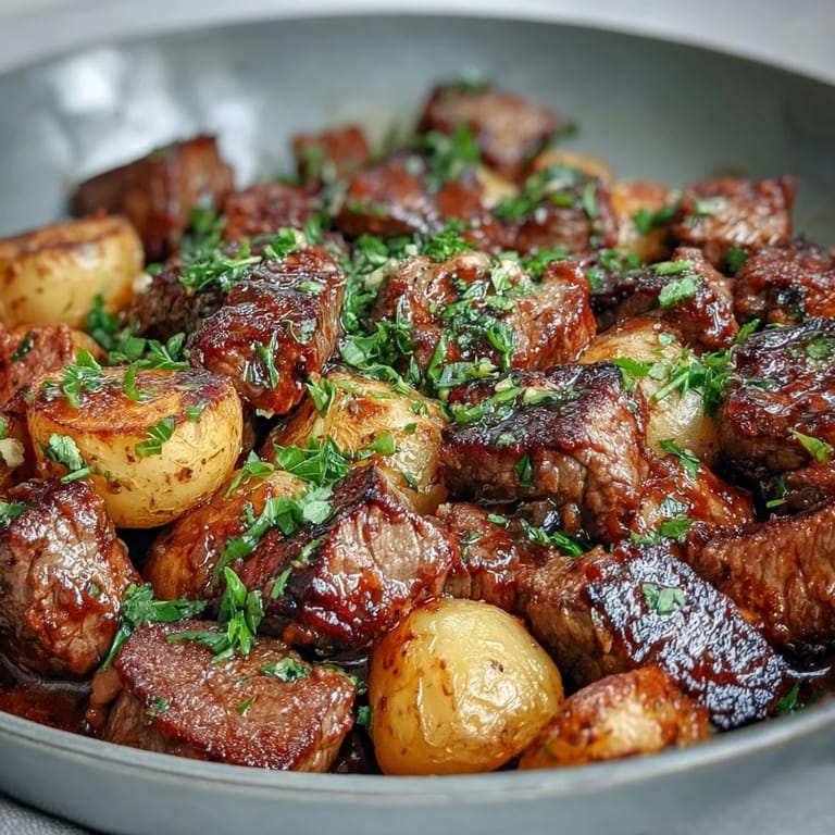 Fresh parsley and chives garnish this garlic butter steak and potato skillet, creating a rustic skillet meal.