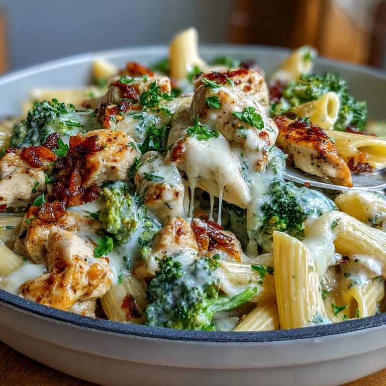 A close-up of tender pasta, crisp broccoli, and juicy chicken coated in a rich garlic Parmesan sauce for Garlic Parmesan Broccoli & Chicken Pasta.