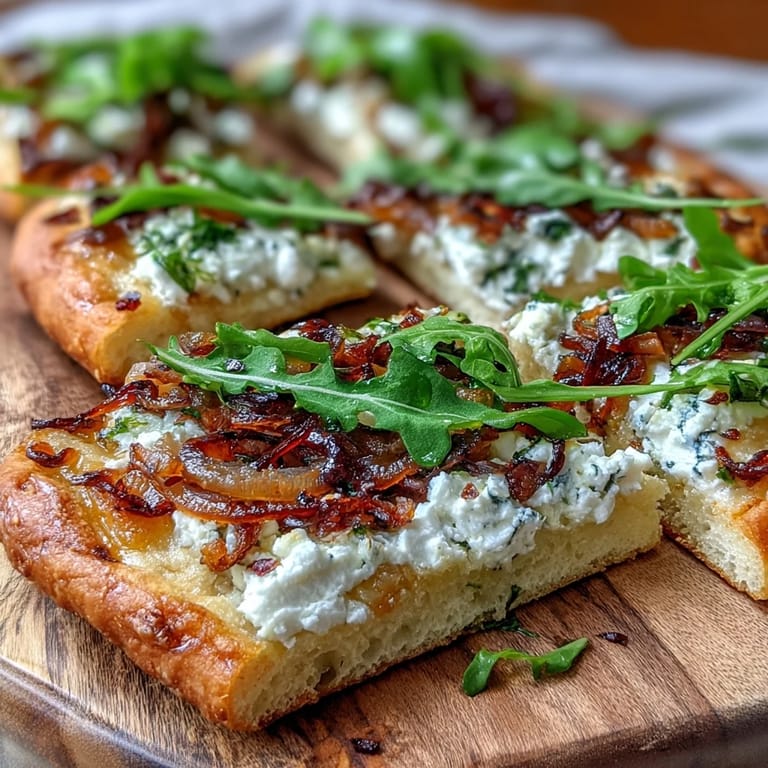 This Mediterranean flatbread features creamy goat cheese, sweet onions, and a honey drizzle on a thin, toasted crust.