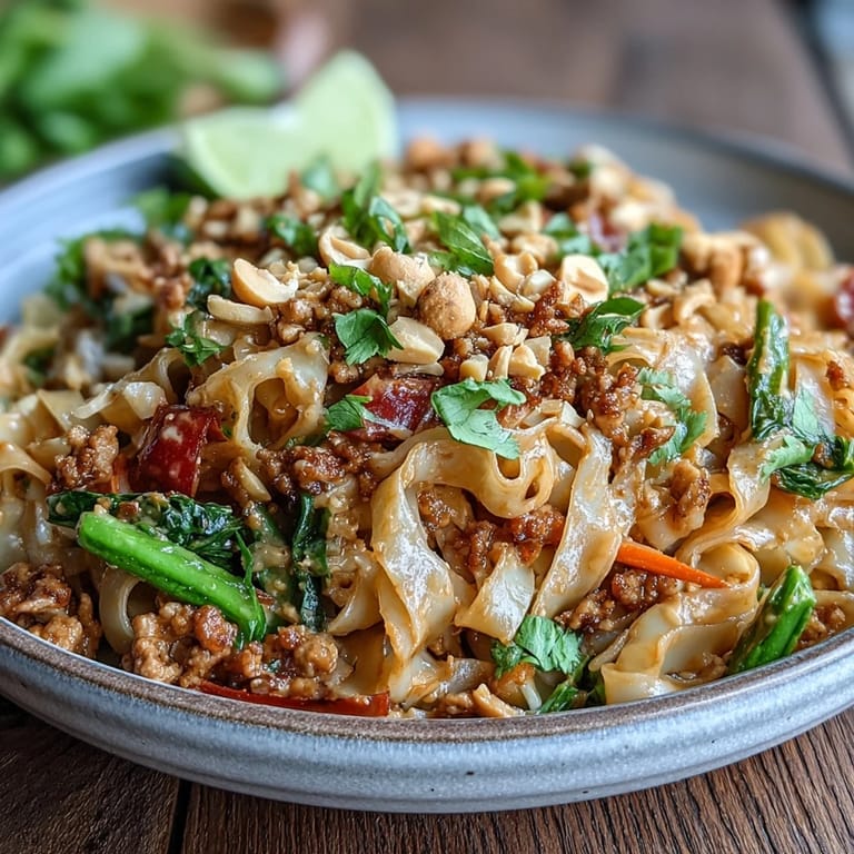 Ground chicken and crisp vegetables in a luscious peanut sauce on wide rice noodles.