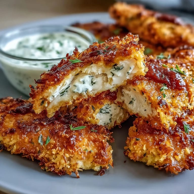 Golden Crispy Baked Chicken Parmesan Fries with a zesty marinara and creamy ranch dip.