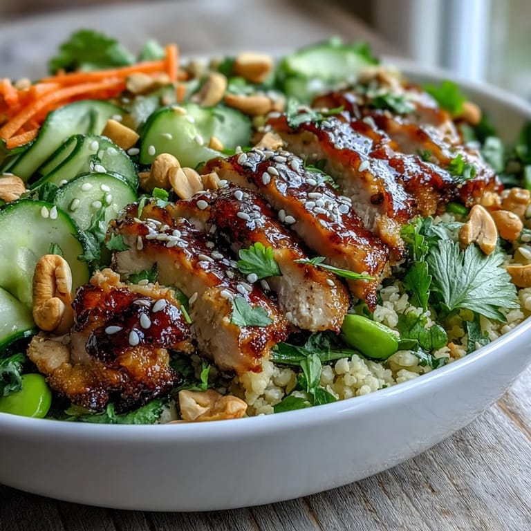 A vibrant bowl of Sesame Ginger Chicken Couscous Bowls features flaky chicken and a zesty sesame-ginger drizzle over grains.
