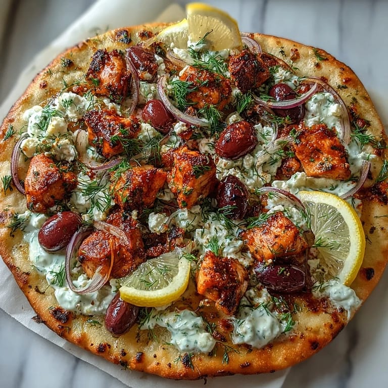 Lemon Feta Chicken Naan Pizza sliced and served with a side of crisp salad.