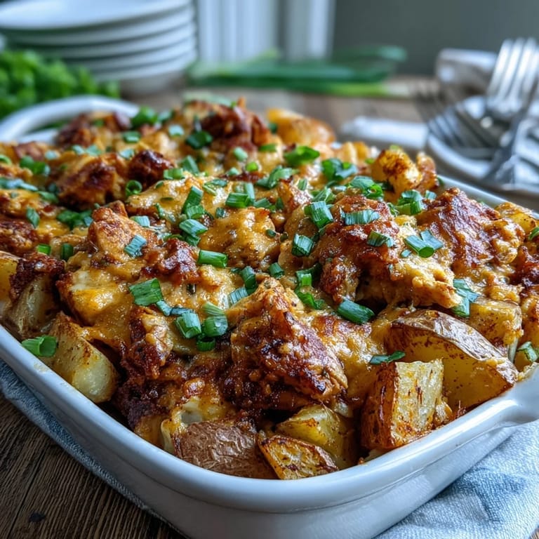 Buffalo Ranch Chicken Potato Bake fresh from the oven with steam rising and a side of blue cheese.