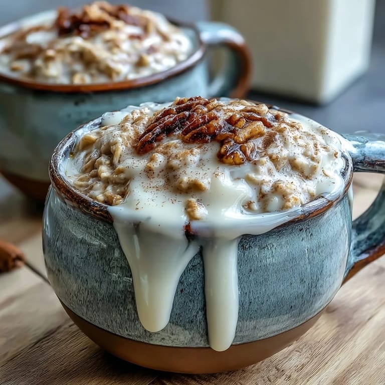 A jar of High-Protein Cinnamon Roll Overnight Oats, stirred and topped with a luscious glaze, ready for a quick breakfast.