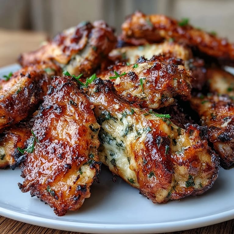 Oven-baked chicken wings with a savory garlic Parmesan butter glaze, garnished with parsley and red pepper flakes.