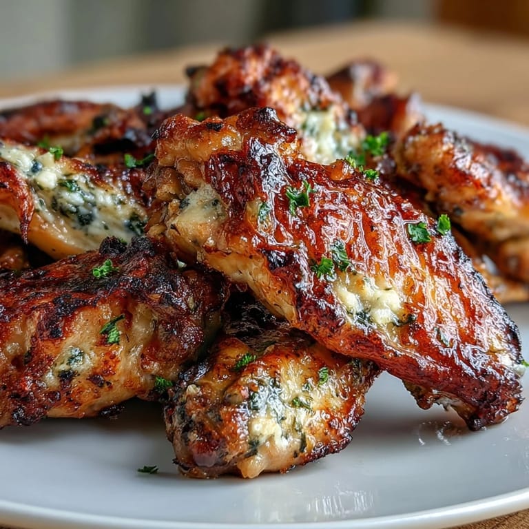 Golden-brown chicken wings coated in melted butter, garlic, and Parmesan cheese, served hot and crispy.  