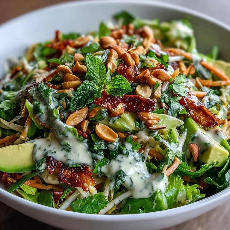 Colorful vegan spring roll salad featuring crisp vegetables, herbs, and rich peanut dressing on a platter.