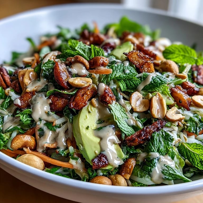 Healthy vegan spring roll salad with crunchy vegetables, fresh herbs, and zesty peanut dressing served fresh.