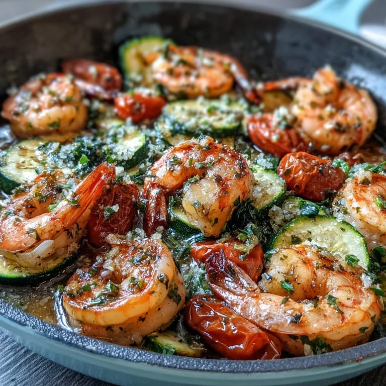Succulent shrimp, zucchini, and cherry tomatoes sizzle in a lemon-butter sauce for a quick, healthy, gluten-free dinner bursting with flavor.  