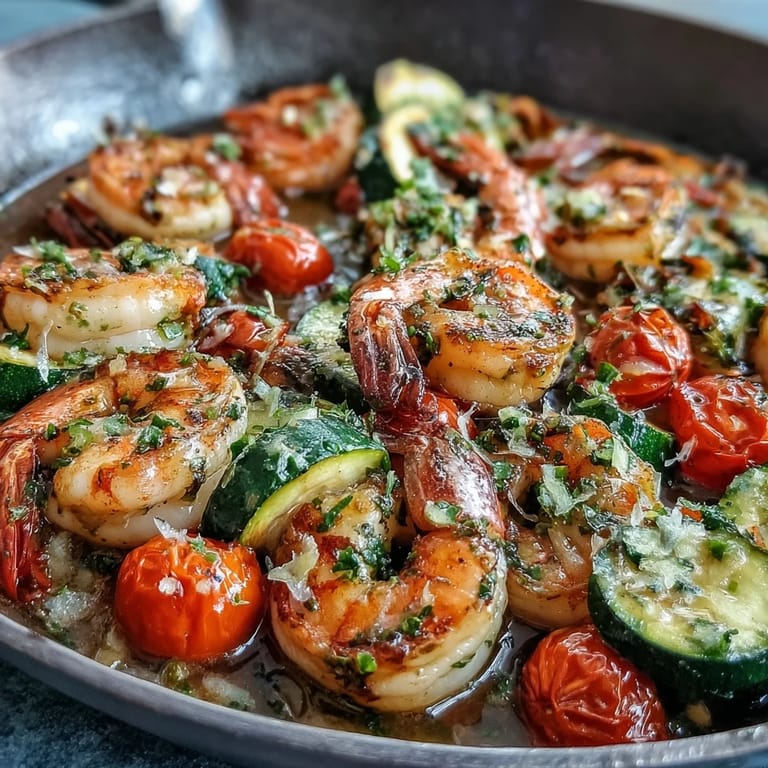 Bright lemon butter coats juicy shrimp, zucchini, and tomatoes in this easy one-pan meal, perfect for a light, satisfying weeknight dinner.