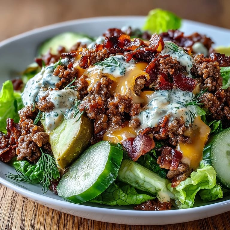 Hearty Keto Bacon Cheeseburger Salad with Avocado and Pickles loaded with juicy beef, crunchy bacon, tangy pickles, and rich burger sauce.