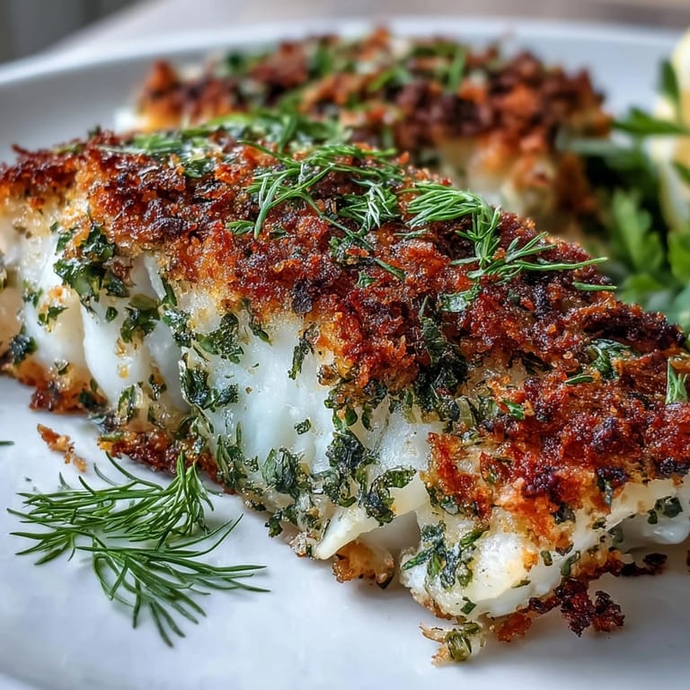 Fresh herb-crusted cod with lemon zest, baked until flaky and paired with caramelized carrots, bell peppers, and zucchini for a Mediterranean-inspired meal.