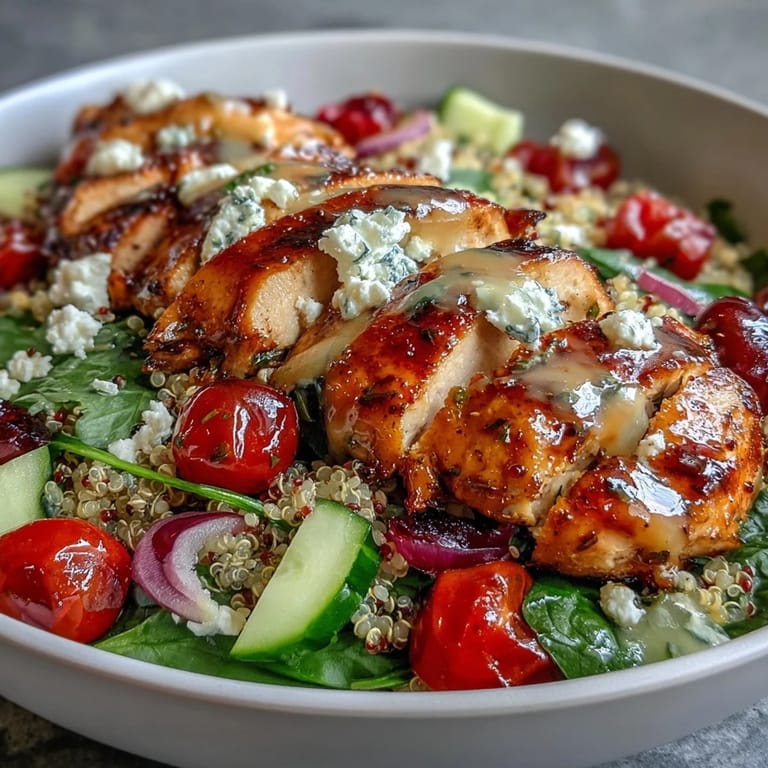 Colorful bowl of lemon herb grilled chicken over quinoa and fresh vegetables, perfect for a healthy and satisfying meal.  