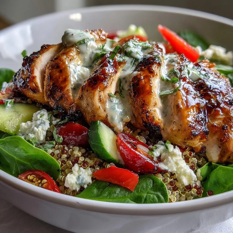 Protein-rich lemon herb grilled chicken and quinoa salad with crisp veggies and creamy feta, ideal for nutritious lunch or dinner.