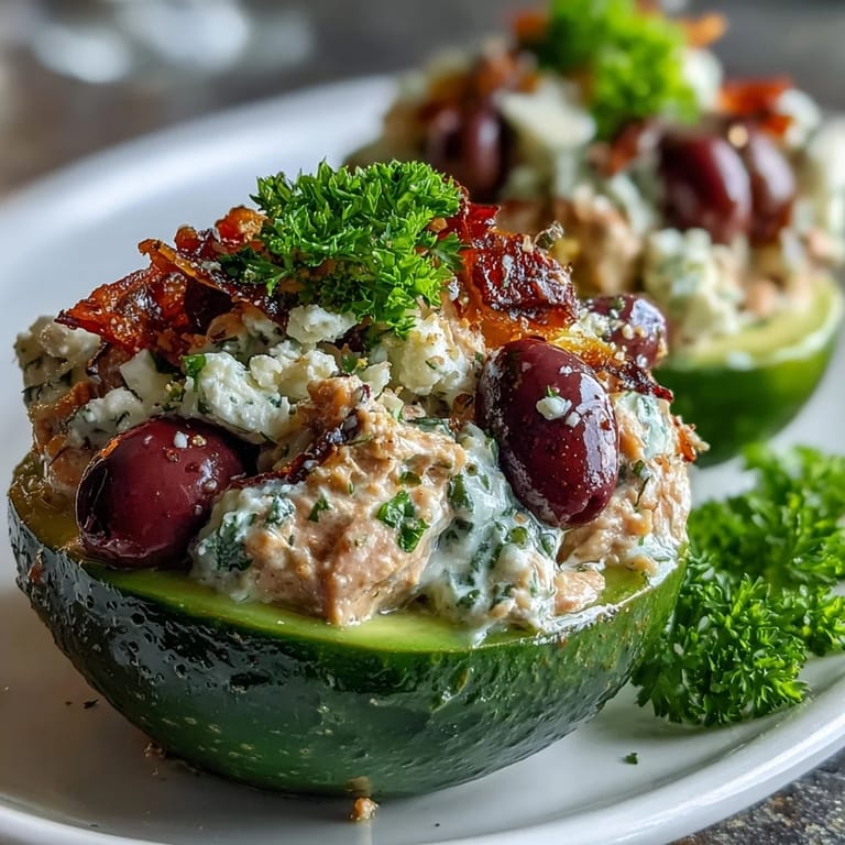 Bright and refreshing, these stuffed avocados showcase a tangy tuna salad with lemon, olive oil, and Mediterranean vegetables for a light, satisfying meal.