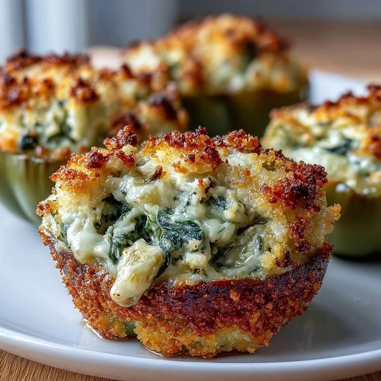 Golden-baked bell peppers bursting with savory spinach, artichoke, and cashew cream filling, perfect for vegan weeknight meals.