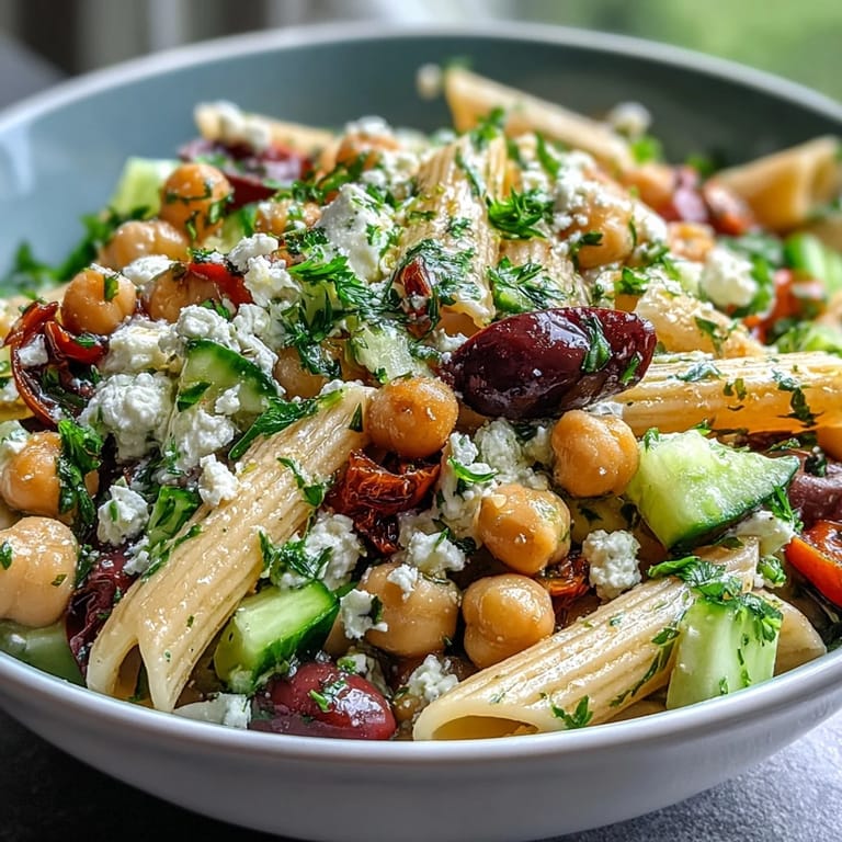 A refreshing vegetarian pasta salad with protein-rich chickpeas, crisp cucumber, juicy tomatoes, and briny olives, perfect for picnics.  