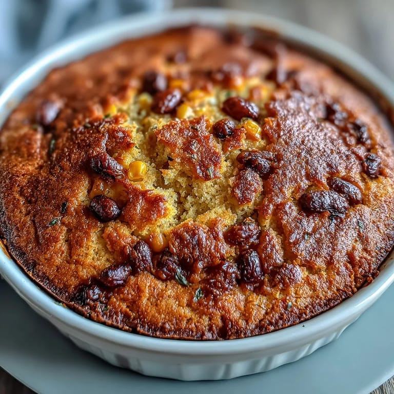 Flavorful black bean taco filling topped with fluffy cornbread crust, served hot from the oven.  