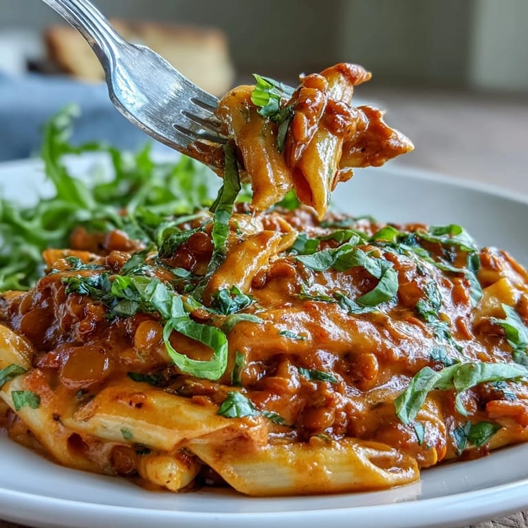 Wholesome plant-based dinner featuring tender penne coated in a luscious red pepper lentil sauce, garnished with fresh herbs and nutritional yeast.