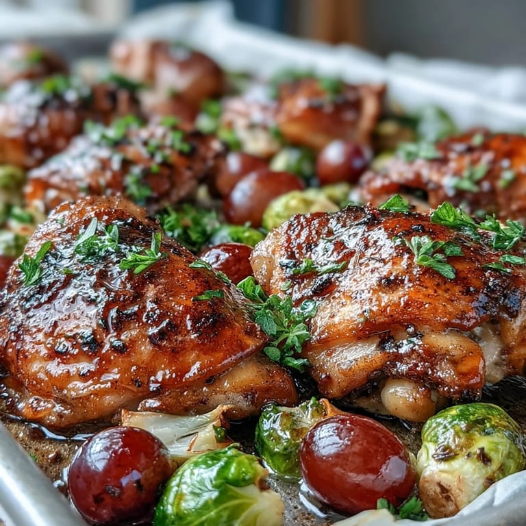 Easy sheet pan balsamic chicken dinner with savory chicken, crispy Brussels sprouts, and juicy grapes, all drizzled with a tangy glaze.
