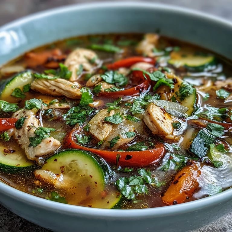 Colorful Tex-Mex chicken fajita soup loaded with tender chicken, bell peppers, and zucchini.  