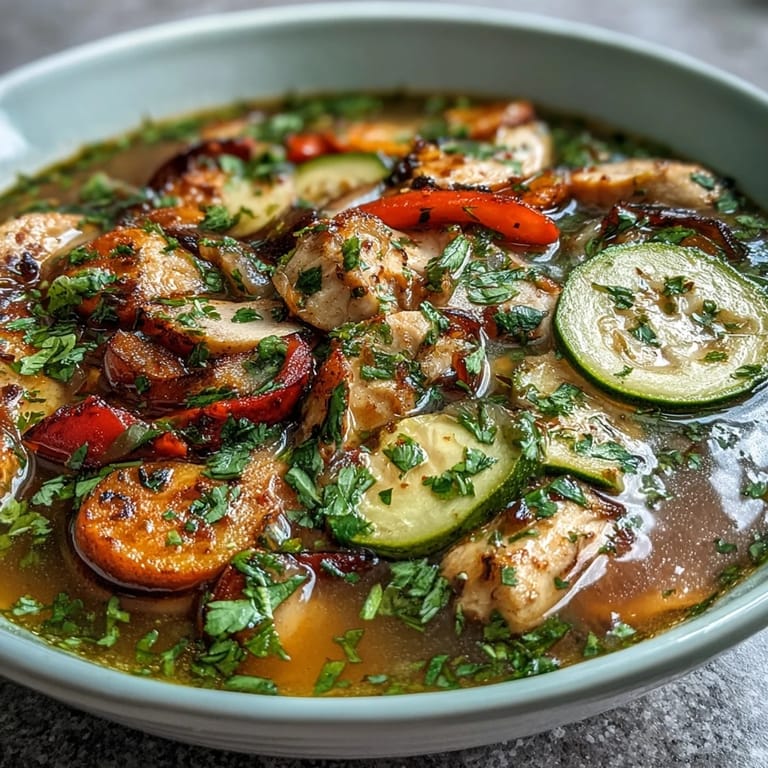 Light and flavorful skinny chicken fajita soup with fresh zucchini and vibrant peppers.
