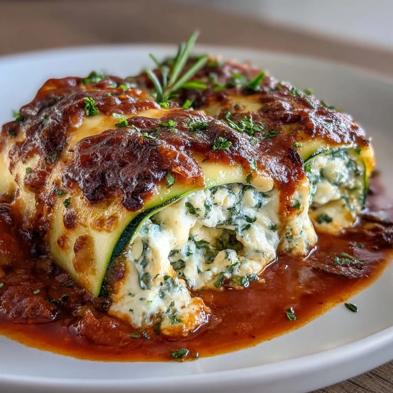 Cheesy zucchini lasagna roll-ups layered with basil-ricotta filling and savory marinara, baked until bubbly and golden for a keto-friendly meal.