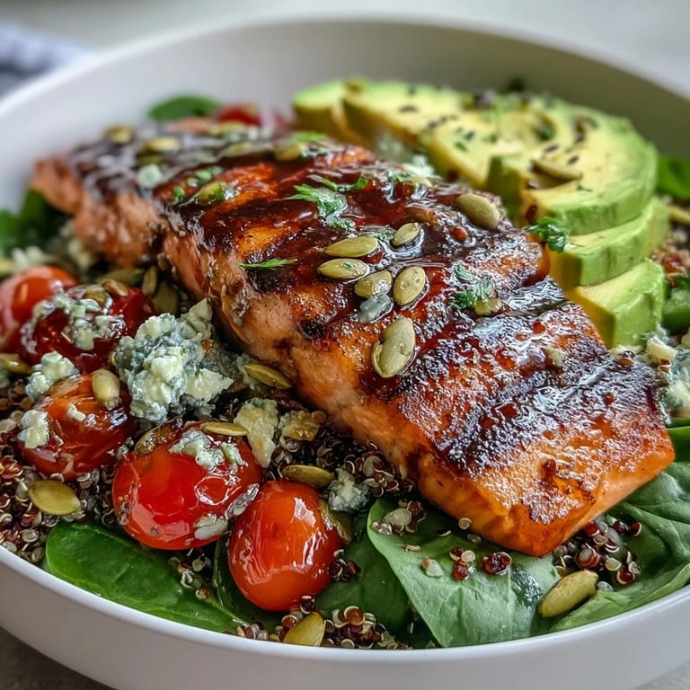 Delicious grilled salmon served over quinoa with avocado, cherry tomatoes, and a tangy citrus dressing for a balanced meal.
