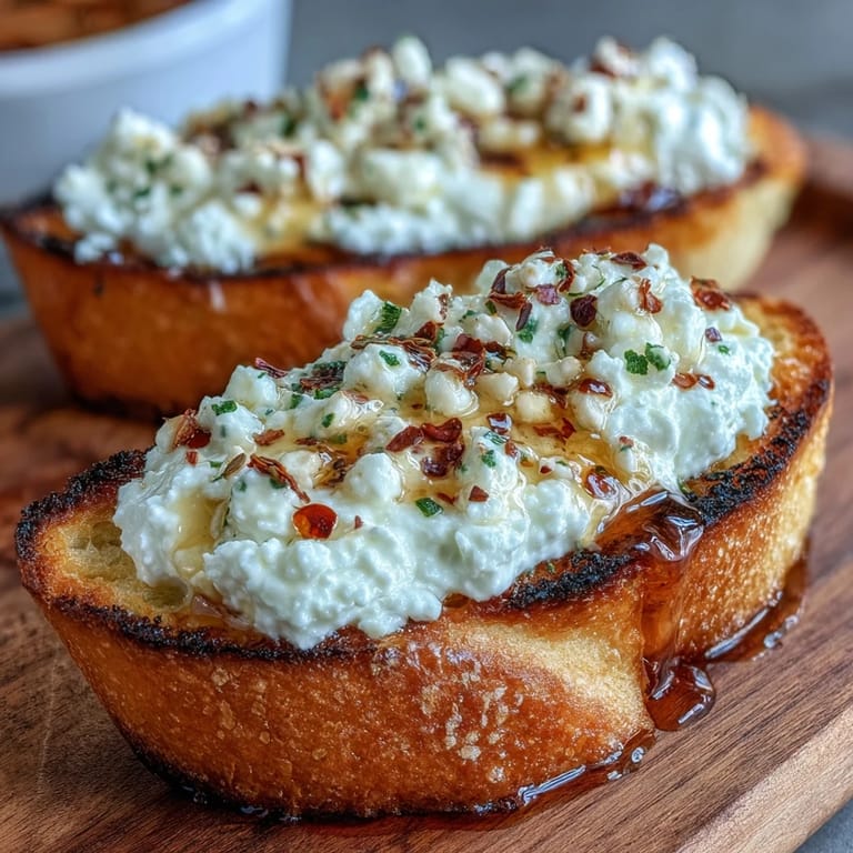 Golden baguette slices baked to perfection, spread with smooth whipped feta, and finished with a fiery honey drizzle for Mediterranean flair.