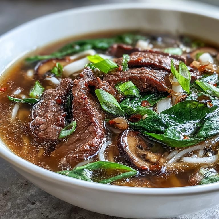 Vibrant Asian Hot Pot Noodle Feast featuring thinly sliced beef, rice noodles, and crisp vegetables simmering in fragrant broth.