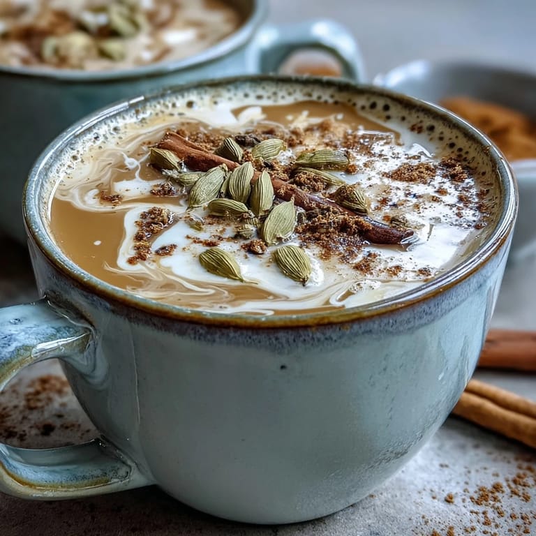 Spiced cardamom chai latte with whole milk, sweetened with honey, and garnished with a dusting of cinnamon.
