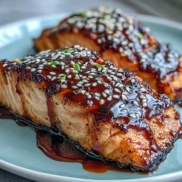Succulent salmon brushed with homemade teriyaki glaze, garnished with sesame seeds and green onions for a vibrant Japanese-inspired dish.  