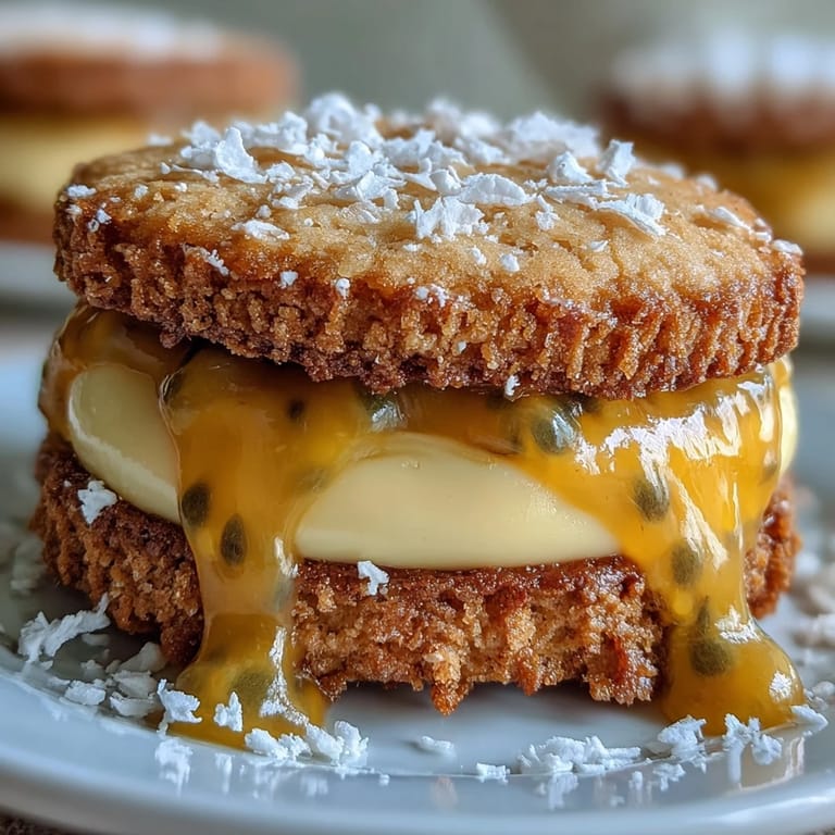 Golden sugar cookies sandwich luscious passionfruit curd, creating a fruity and buttery dessert delight.