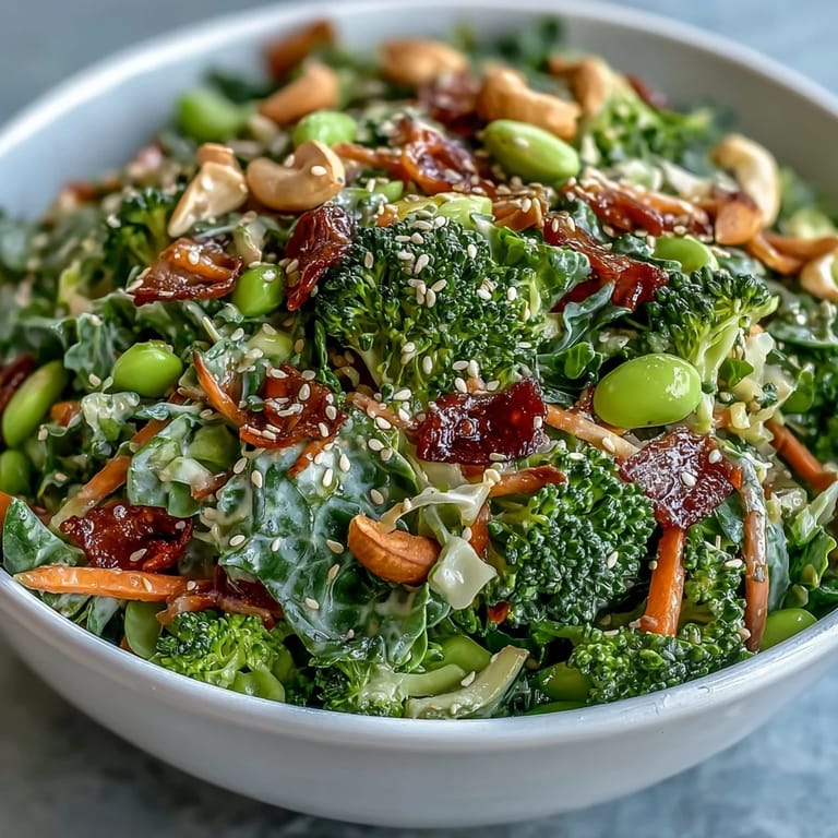 Vibrant broccoli crunch salad featuring crisp vegetables, shelled edamame, and a flavorful sesame-ginger dressing, perfect for meal prep.