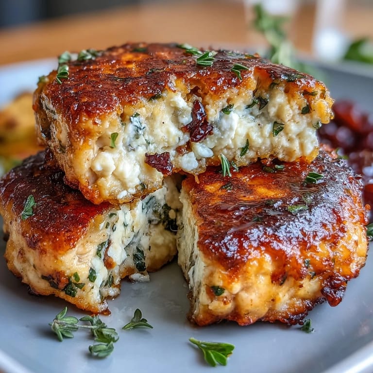 Juicy chicken patties infused with sun-dried tomatoes, feta cheese, and parsley, served with sliced cucumbers and fresh herbs.  