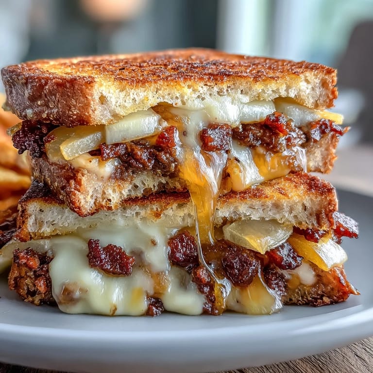 A savory grilled cheese sandwich featuring beef bacon, sharp cheddar, and Granny Smith apples drizzled with spicy-sweet hot honey.  