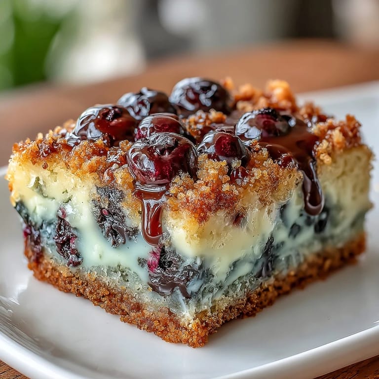 Chewy, buttery blondies loaded with fresh blueberries, offering a delightful twist on classic dessert bars.