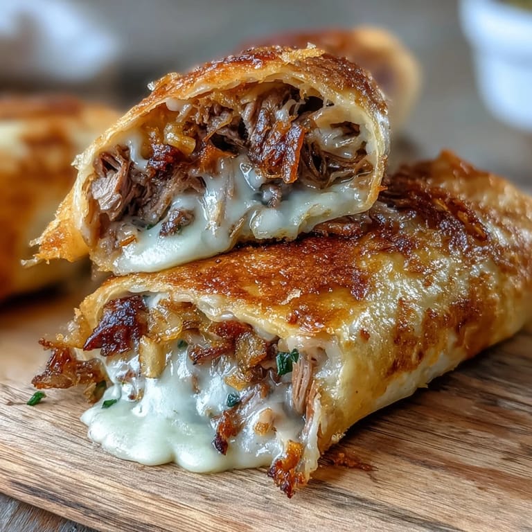 Golden tortilla wraps with tender roast beef, melted provolone, and savory fried onions, served with warm au jus.  