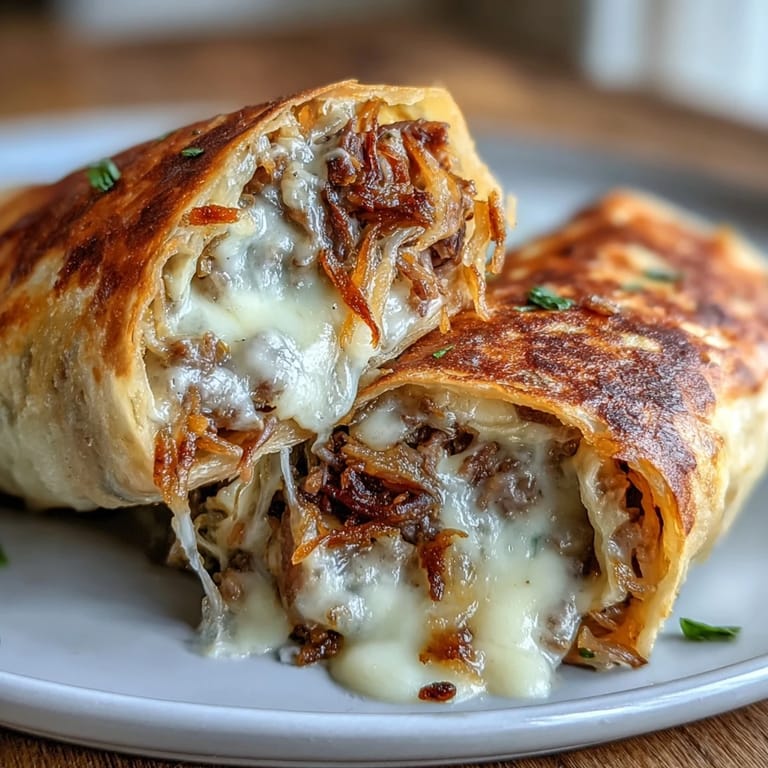 Baked French dip tortilla roll ups featuring juicy roast beef, gooey provolone, and crispy onions for dipping.
