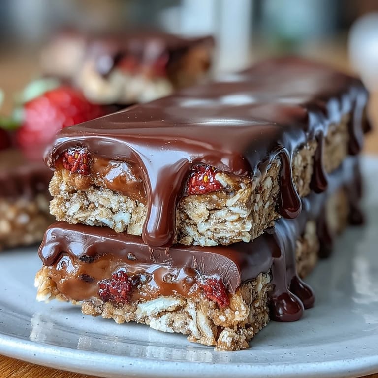 Chewy no-bake strawberry oat bars topped with melted chocolate, perfect for a healthy dessert or snack.