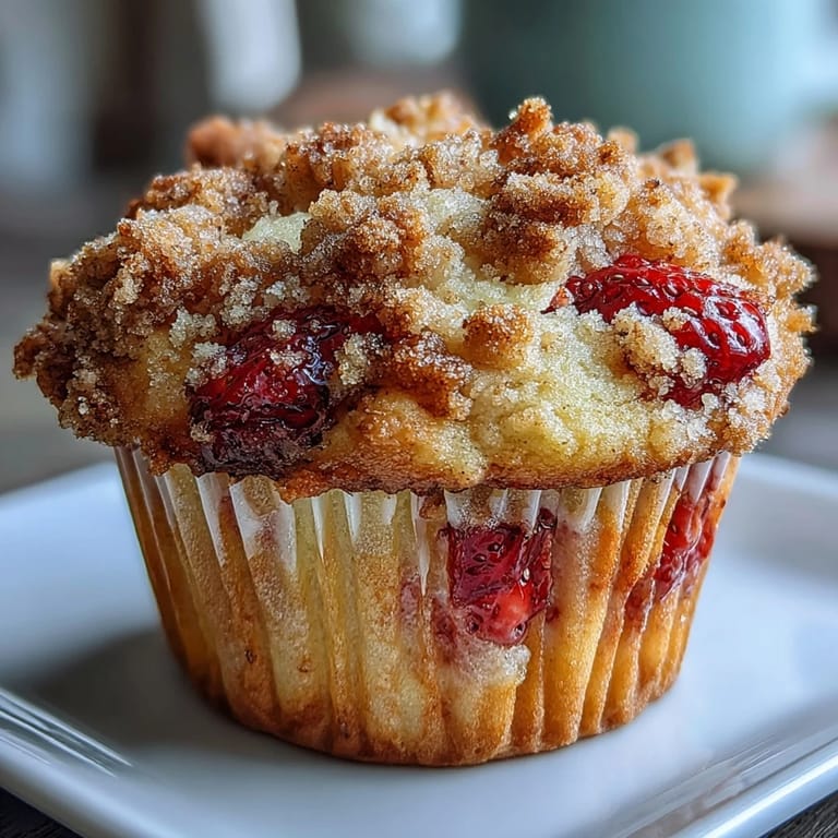 Rustic muffins featuring tangy sourdough, fresh strawberries, and a sweet crumb topping for a delightful breakfast or snack.