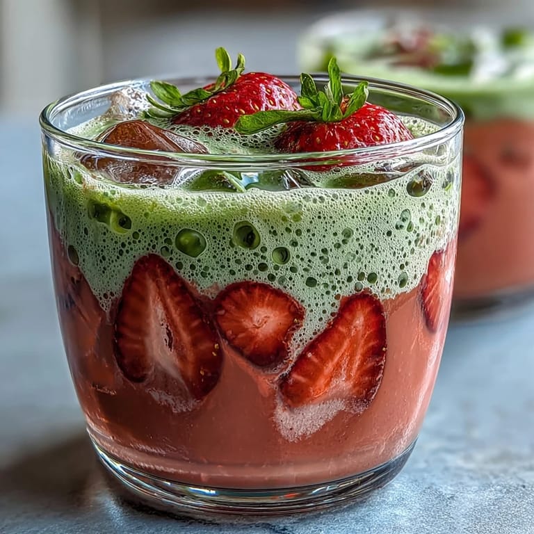 A close-up shot of a layered strawberry matcha iced latte in a tall glass showing the distinct pink strawberry, white oat milk, and green matcha layers.