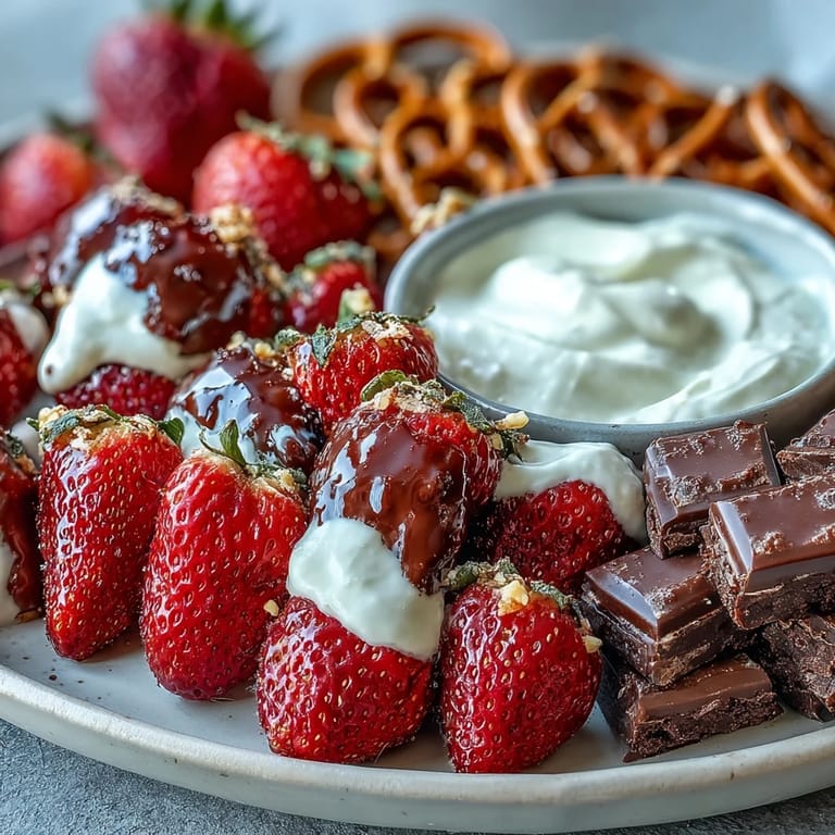 A delightful mix of leftover strawberries, pretzels, and chocolate served alongside a sweet lemon-vanilla yogurt dip for Galentines celebration.