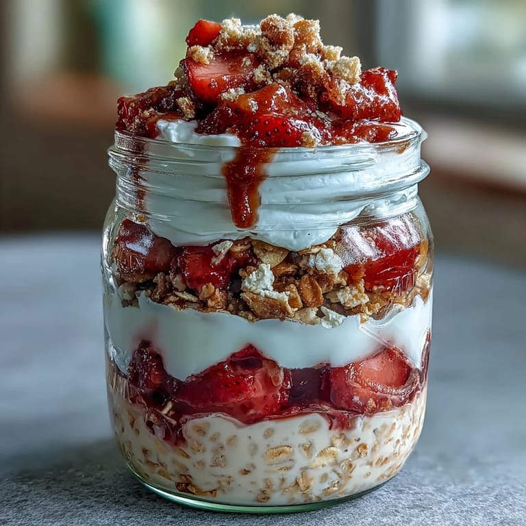 Strawberry shortcake overnight oats with juicy strawberries and a hint of vanilla, perfect for a quick, nutritious morning meal.