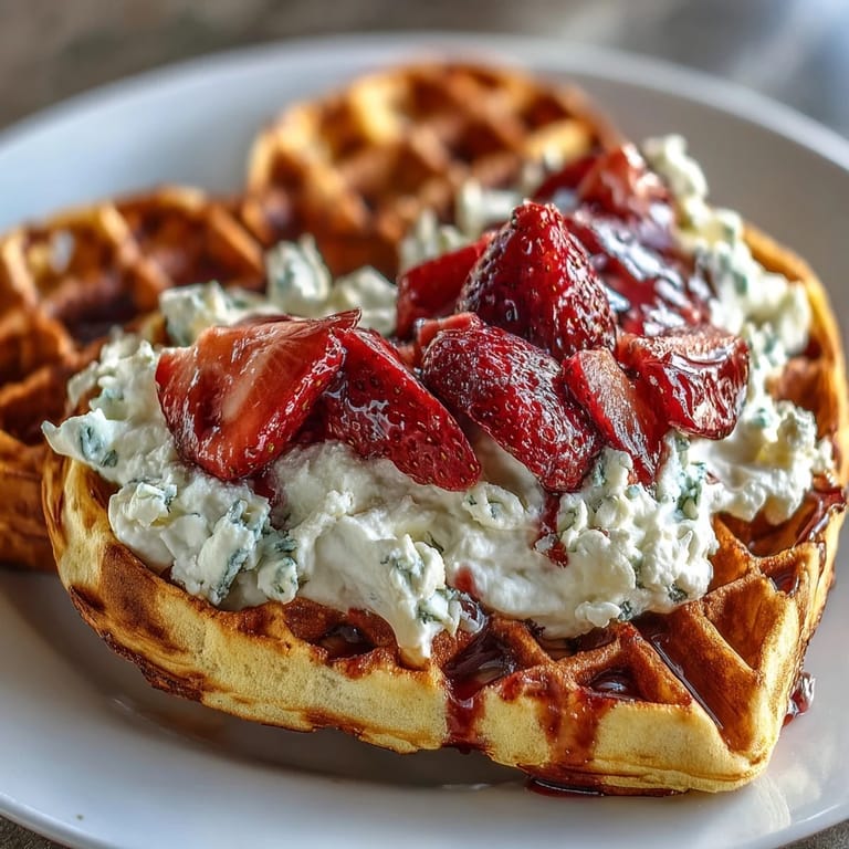 Golden waffles paired with a smooth, protein-rich cottage cheese topping and juicy strawberries for a delicious and wholesome morning treat.  
