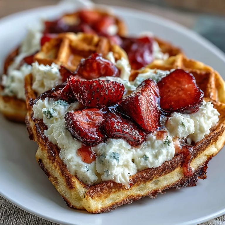 Delightful heart-shaped waffles served with a light cottage cheese whip and sweet macerated strawberries, making every bite a balanced indulgence.