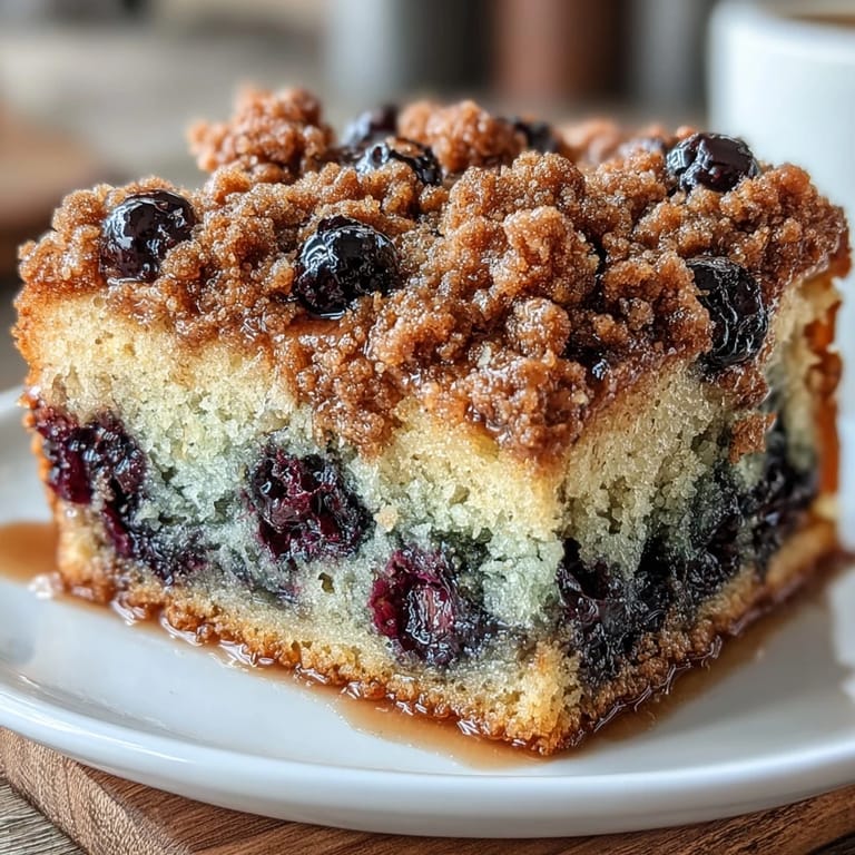 Golden brown sourdough coffee cake squares bursting with fresh blueberries and zesty lemon, finished with a buttery cinnamon streusel topping for a perfect dessert.