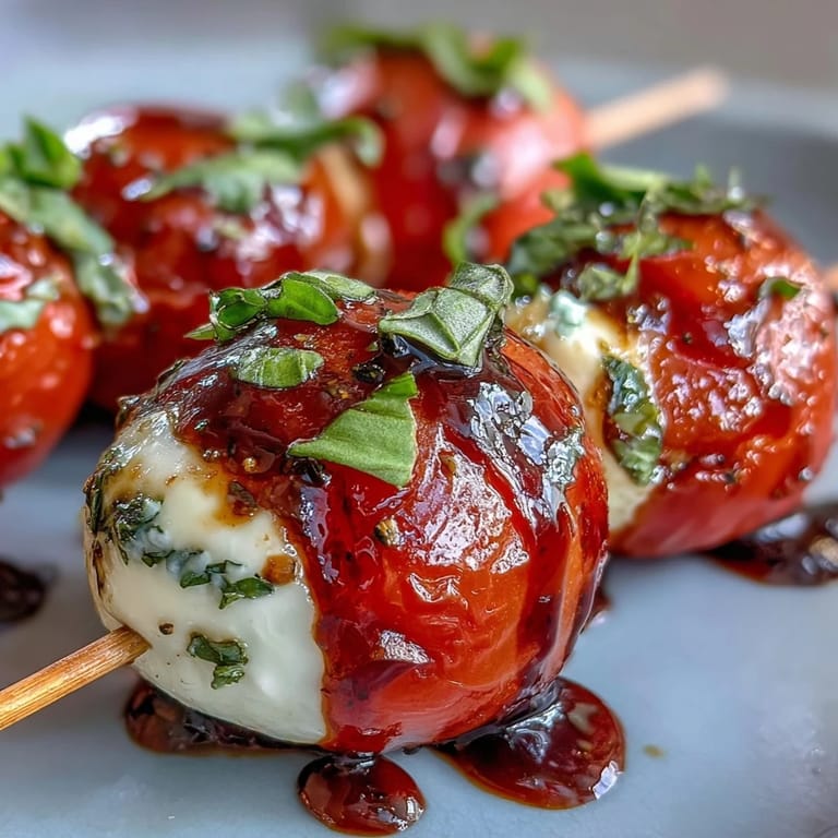 Colorful caprese skewers featuring juicy tomatoes, creamy mozzarella, and fragrant basil leaves, finished with a tangy balsamic reduction.