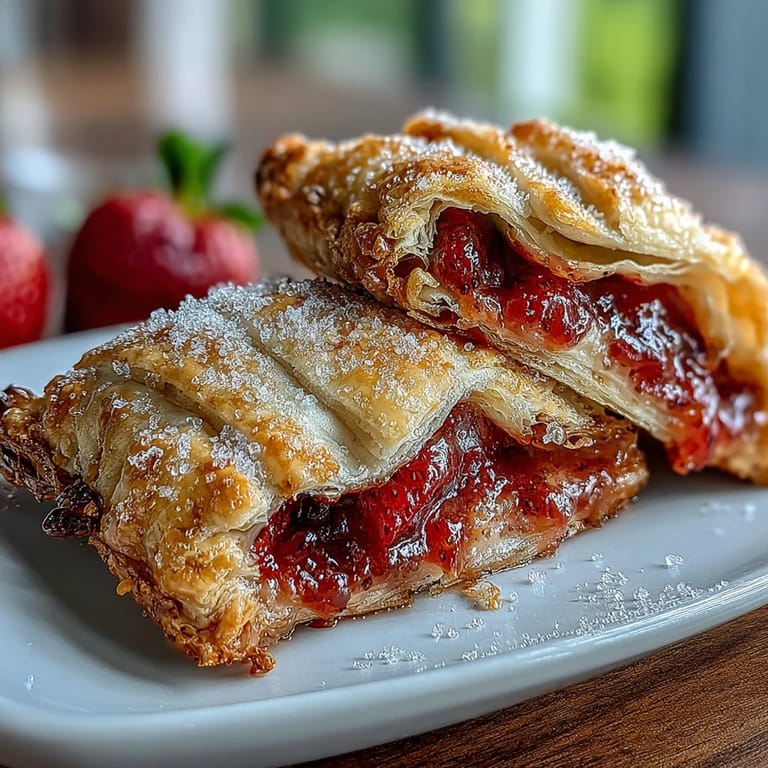Fresh strawberry filling peeks through golden lattice crusts on buttery, portable hand pies—ideal for summer gatherings or outdoor dining.  